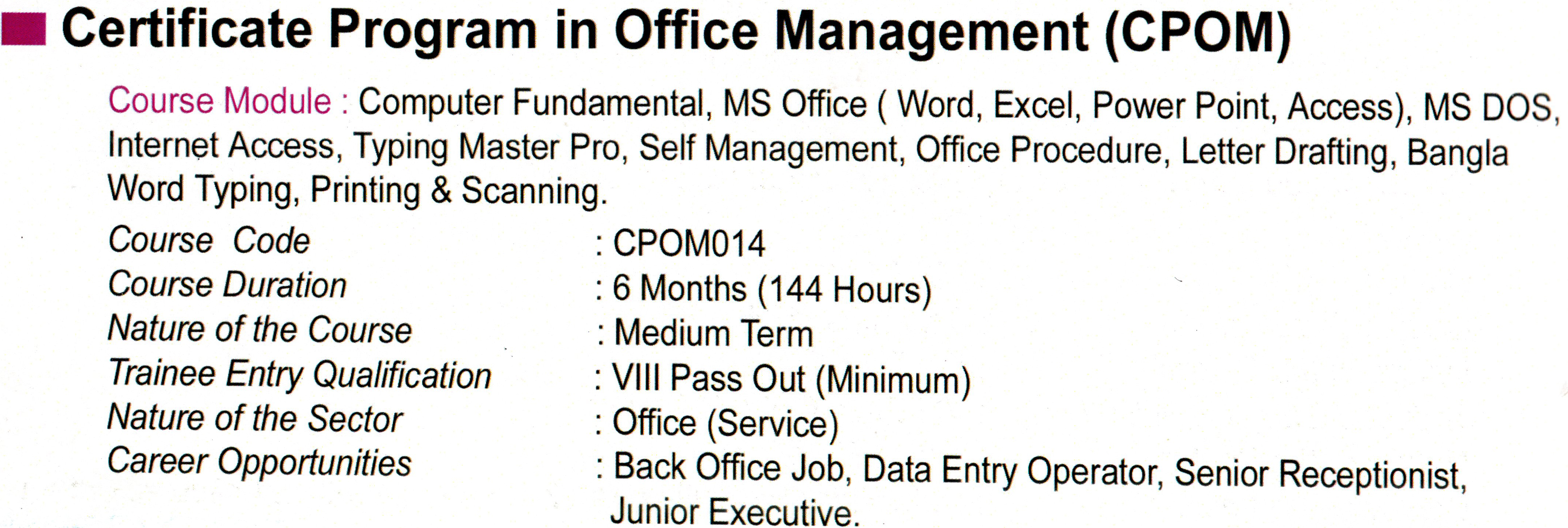 Certificate Program in Office Management (CPOM)