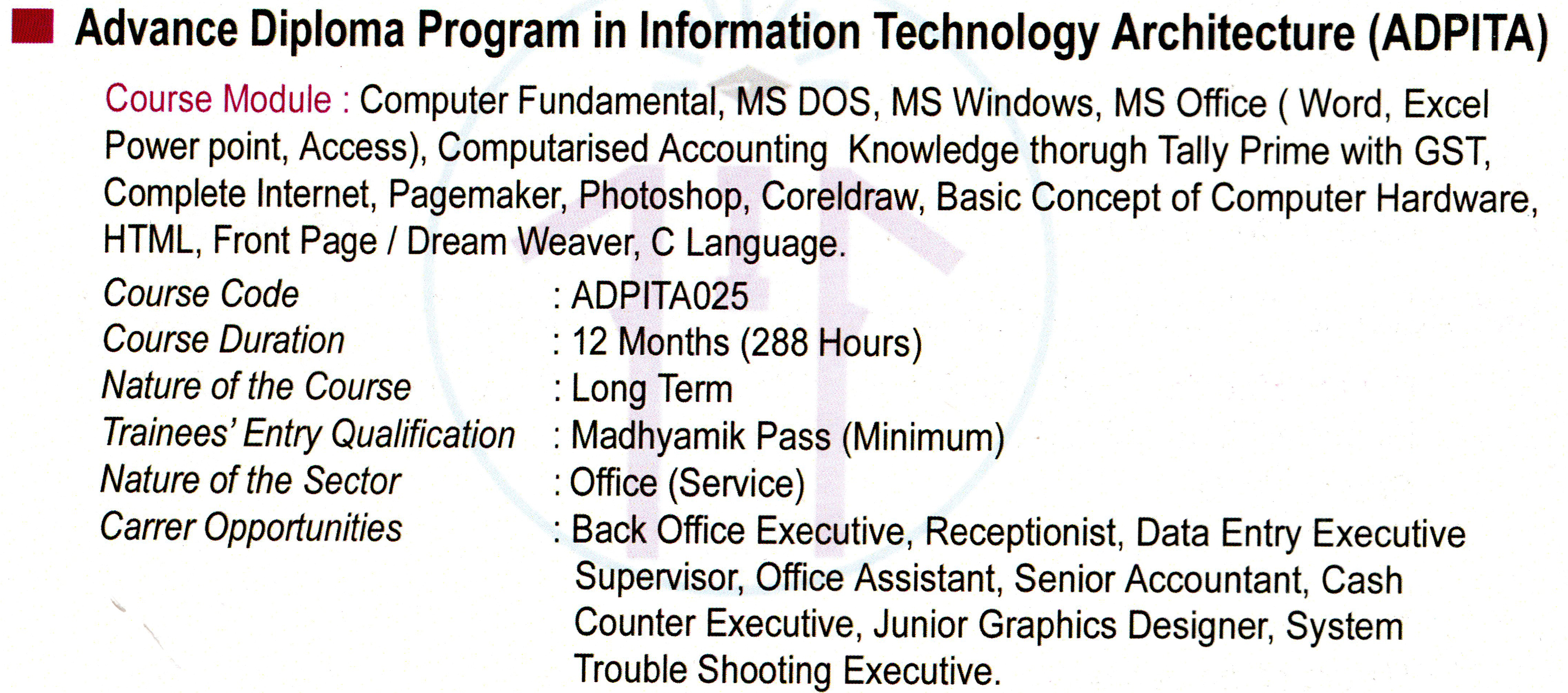 Advance Diploma Program in Information Technology Architecture (ADPITA)